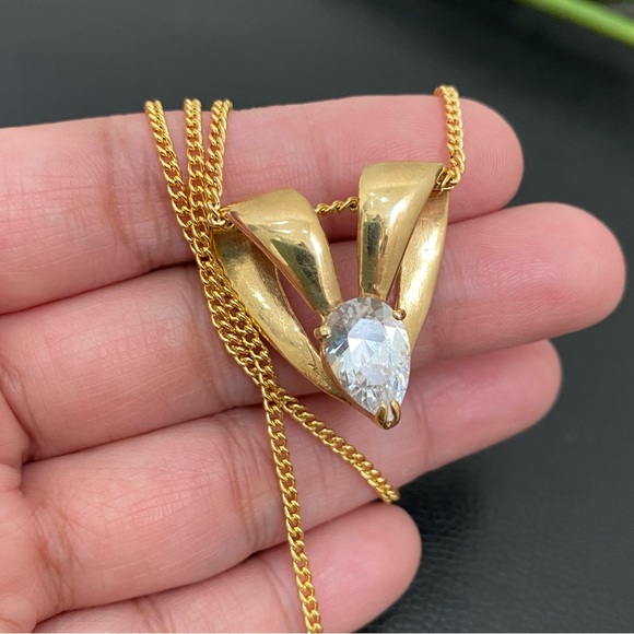 Vintage Unsigned Gold-Plated Heart Slider Pendant Teardrop Clear CZ 16” Necklace - Picture 5 of 15